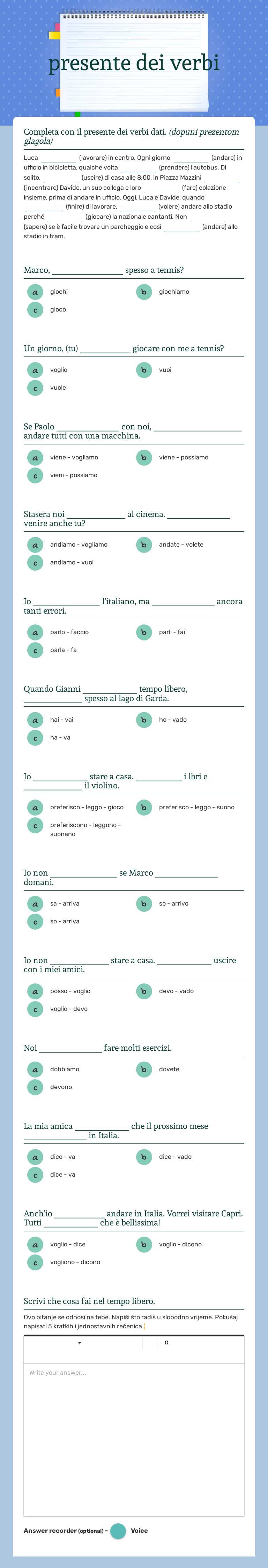 presente dei verbi worksheet preview image