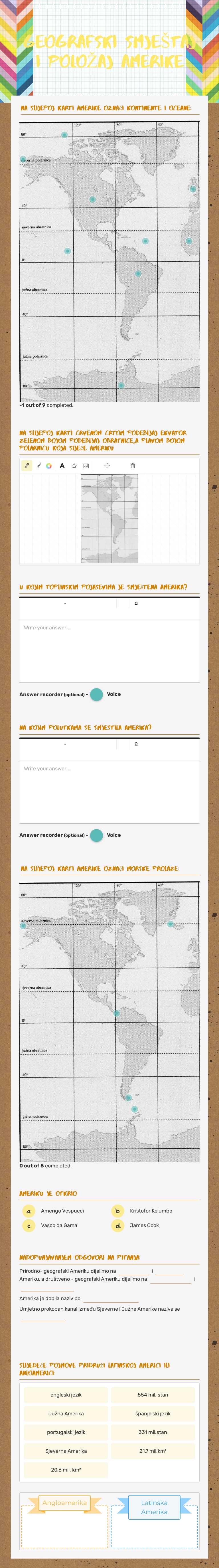 GEOGRAFSKI SMJEŠTAJ I POLOŽAJ AMERIKE worksheet preview image