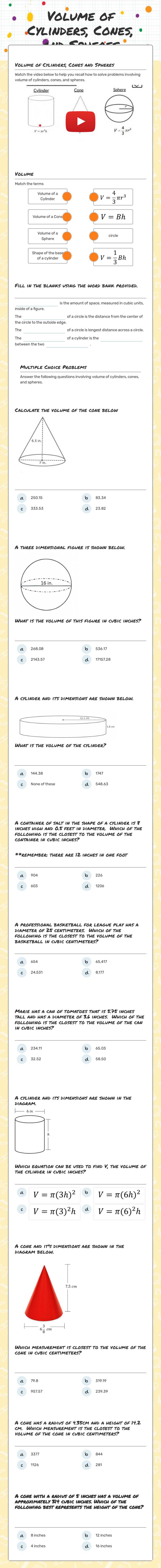 Volume of Cylinders, Cones, and Spheres worksheet preview image