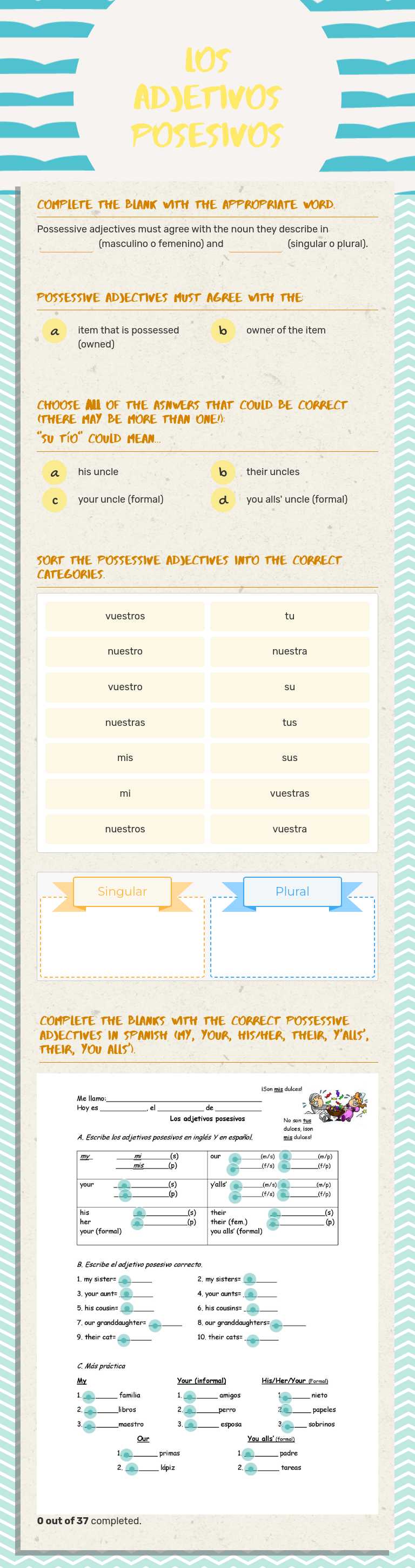 Los adjetivos posesivos worksheet preview image