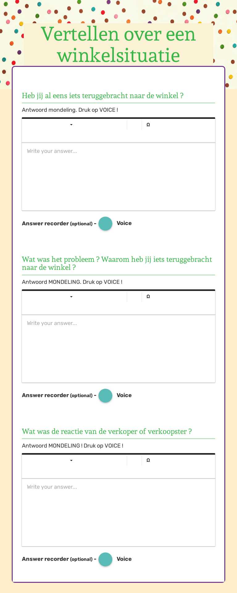 Vertellen over een winkelsituatie worksheet preview image