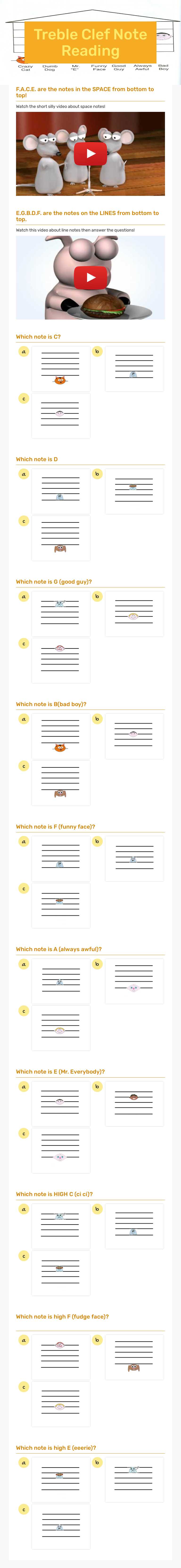 Treble Clef Note Reading Grade 3 worksheet preview
