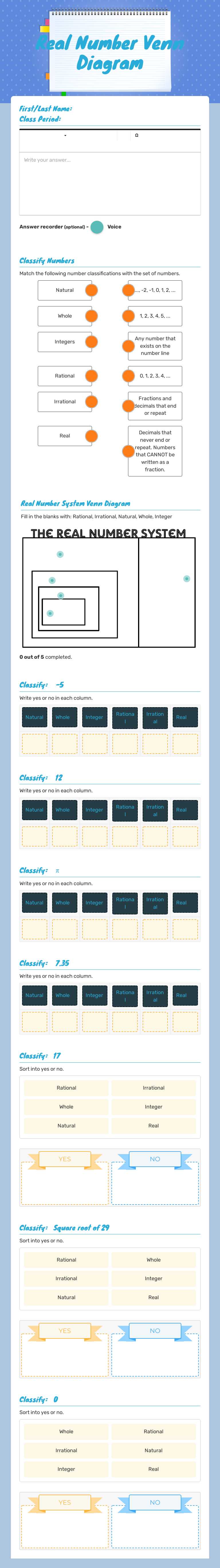Real Number Venn Diagram worksheet preview image