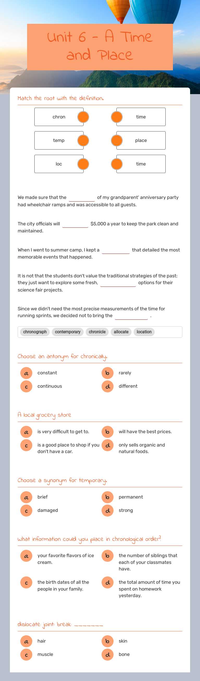Unit 6 - A Time and Place worksheet preview image