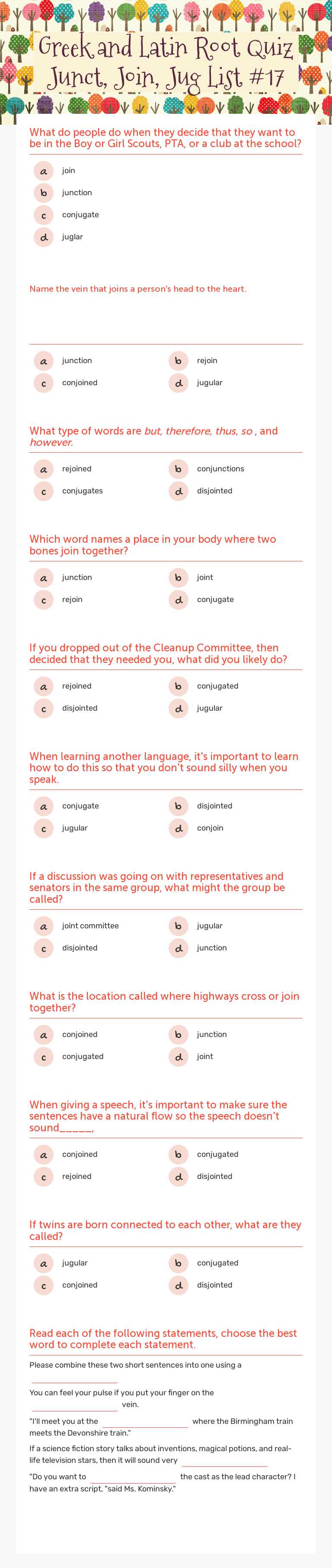 Greek and Latin Root Quiz Junct, Join, Jug List #17 worksheet preview image