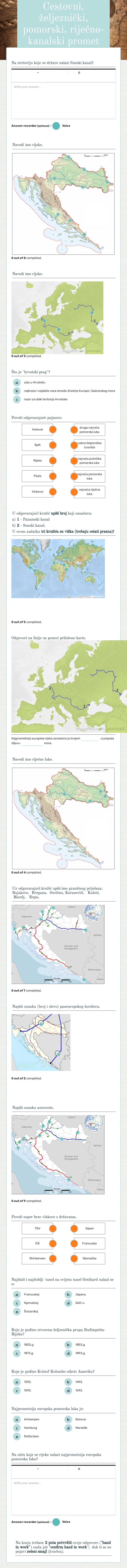 Cestovni, željeznički, pomorski, riječno-kanalski promet (ponavljanje) worksheet preview image