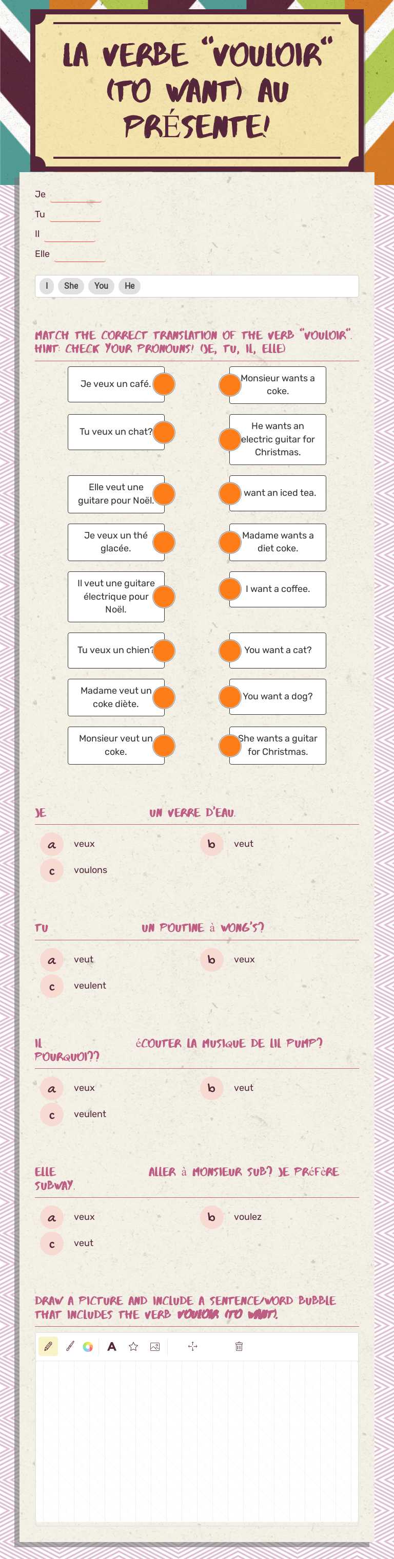 LA VERBE "VOULOIR" (TO WANT) AU PRÉSENTE! worksheet preview image