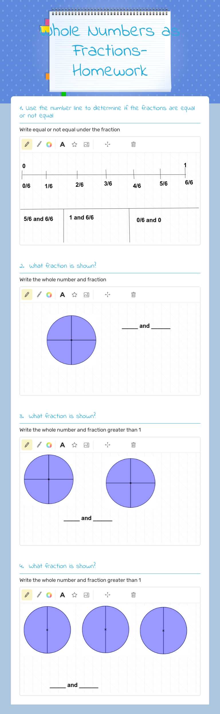 Whole Numbers as Fractions- Homework worksheet preview