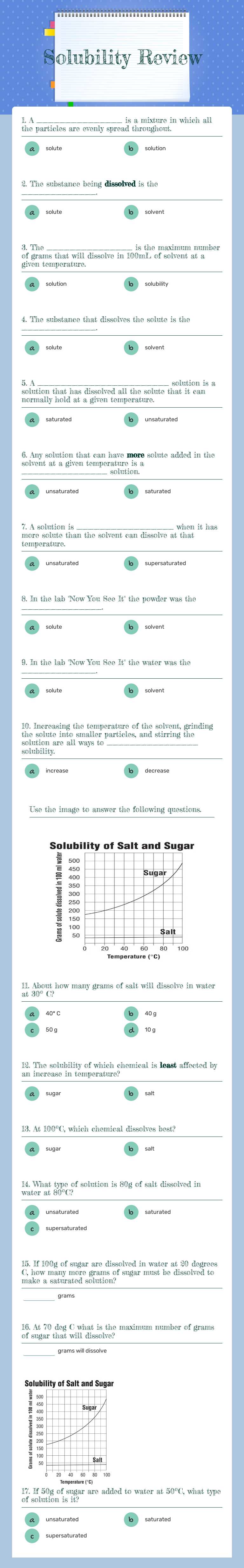 Solubility Review Grade 8 worksheet preview