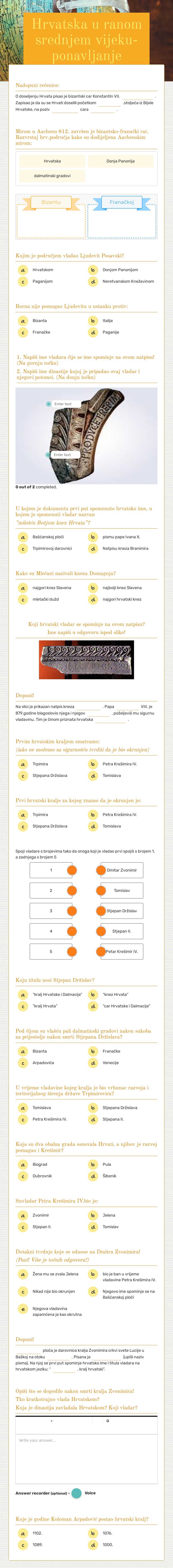 Hrvatska u ranom srednjem vijeku-ponavljanje Grade 1 worksheet preview