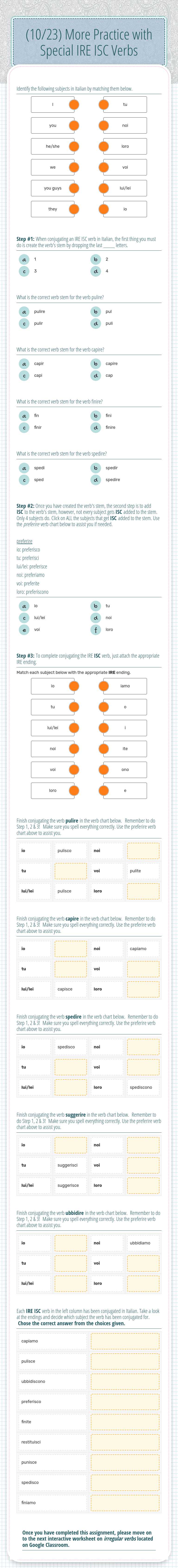 (10/23) More Practice with Special IRE ISC Verbs worksheet preview image