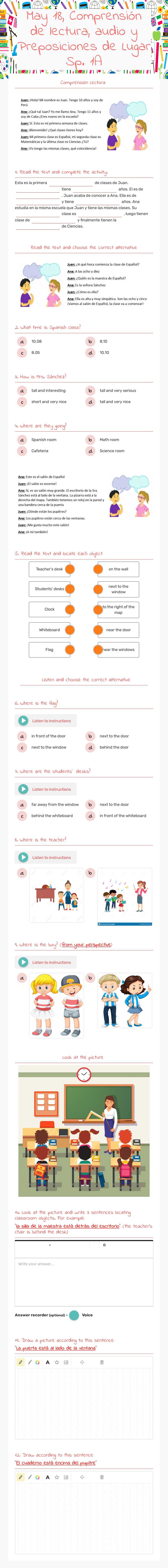 Comprensión de lectura, audio y Preposiciones de Lugar Sp. 1A worksheet preview image