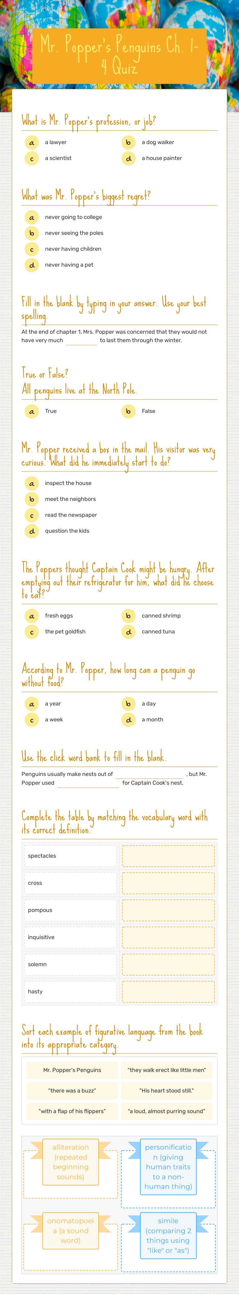 Mr. Popper's Penguins Ch. 1-4 Quiz worksheet preview image
