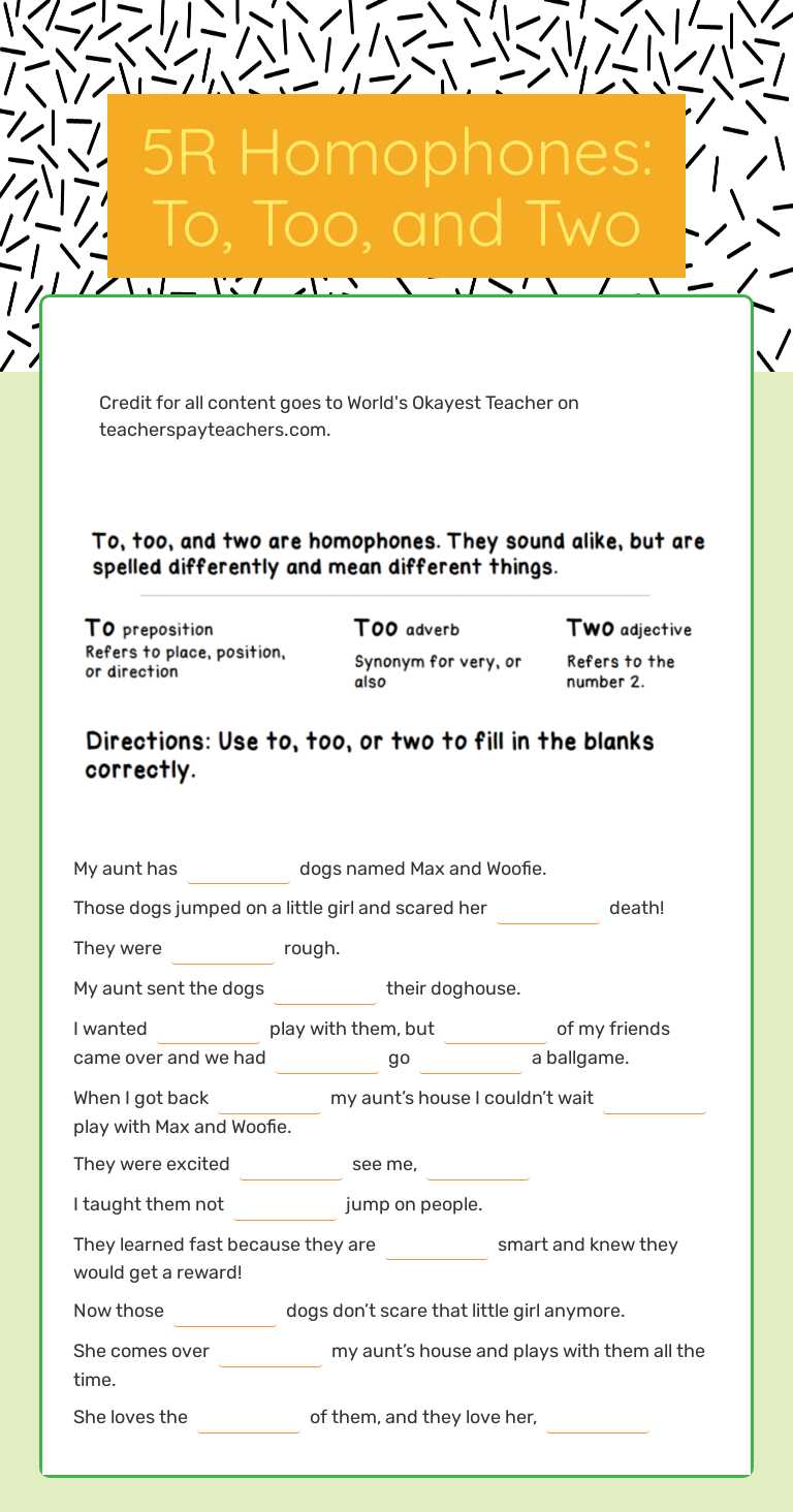 5R Homophones: To, Too, and Two Grade 5 worksheet preview