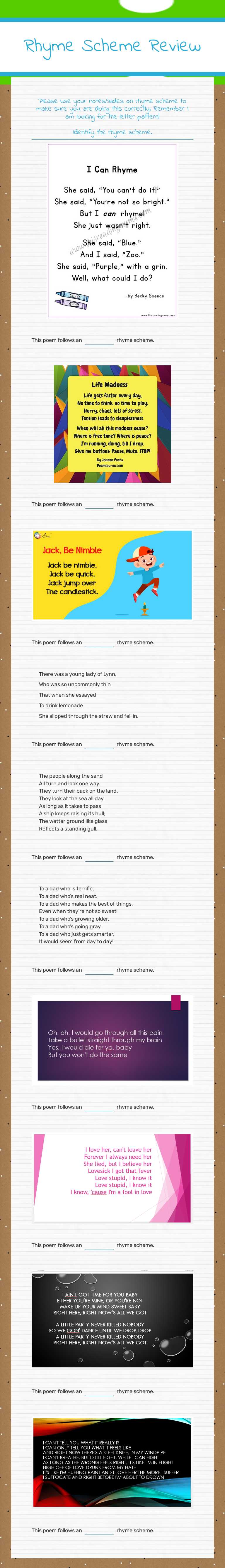 Rhyme Scheme Review worksheet preview image
