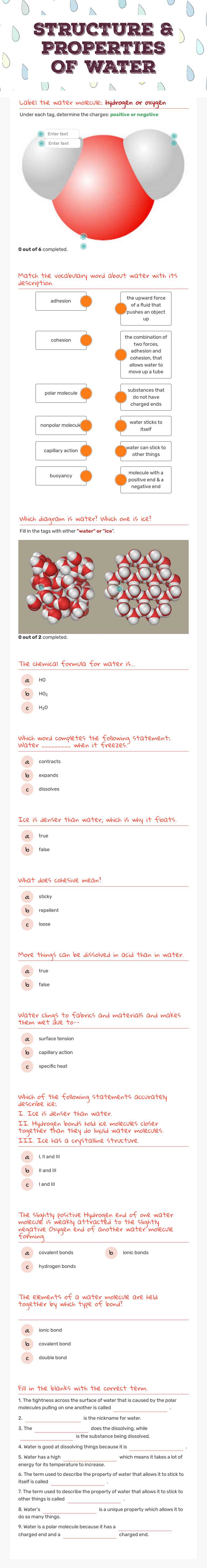 STRUCTURE & PROPERTIES OF WATER Grade 9 worksheet preview