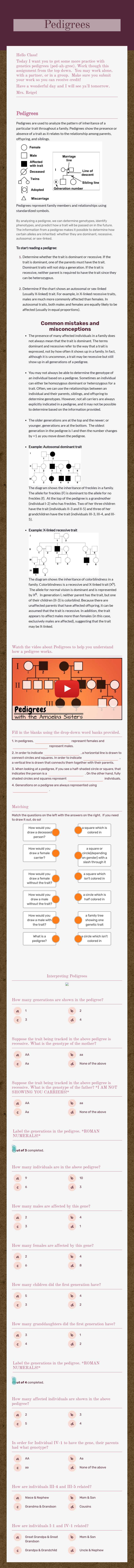 Pedigrees worksheet preview image