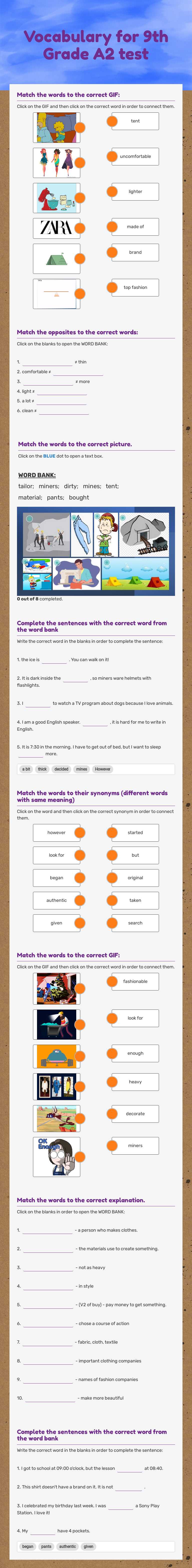 Vocabulary for 9th Grade A2 test 01.02.23 worksheet preview image