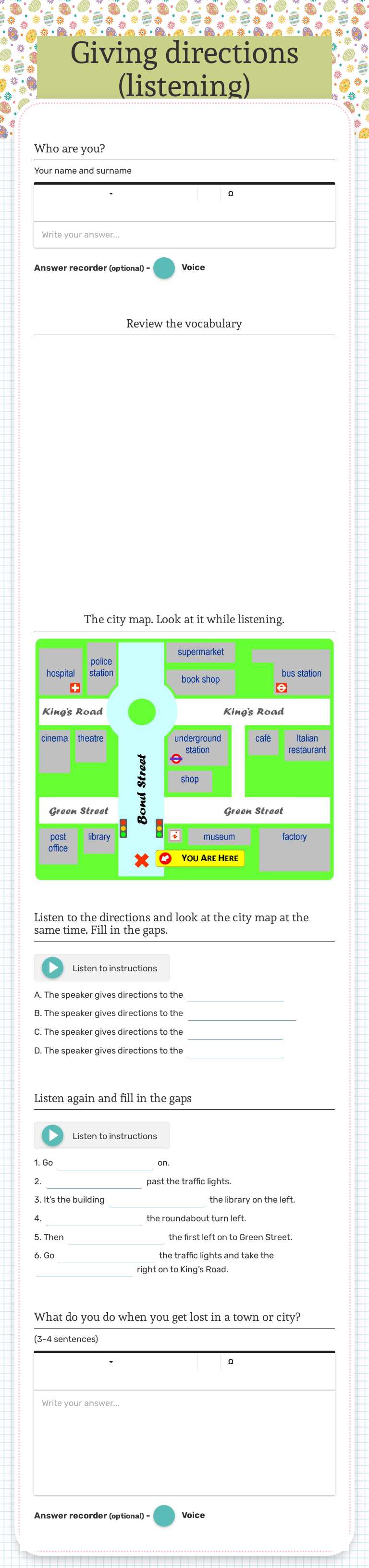 Giving directions (listening) worksheet preview image