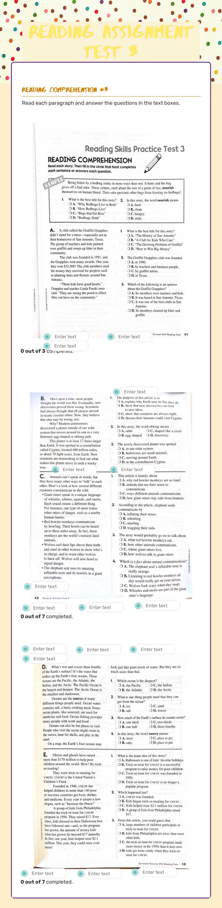 Reading Assignment test 3 Grade 5 worksheet preview