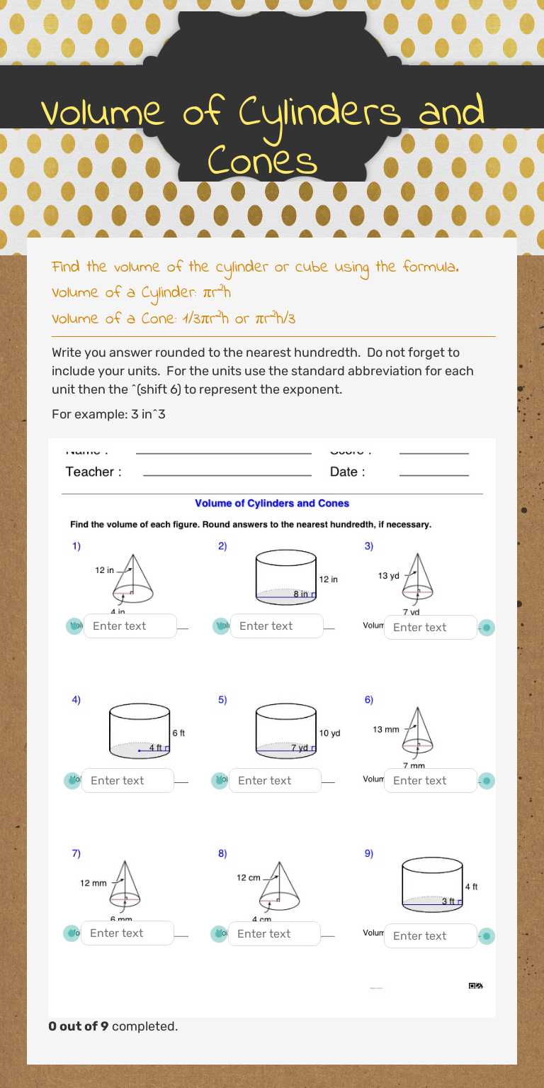 Volume of Cylinders and Cones worksheet preview image