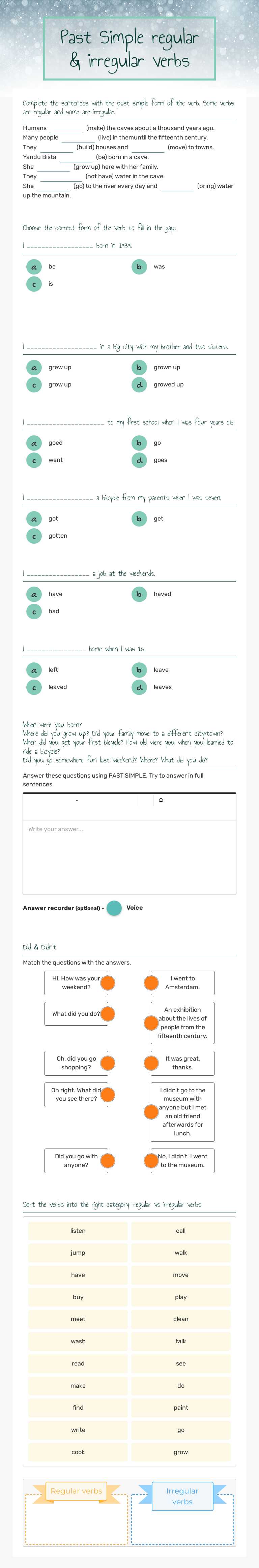 Past Simple regular & irregular verbs Grade 7 worksheet preview