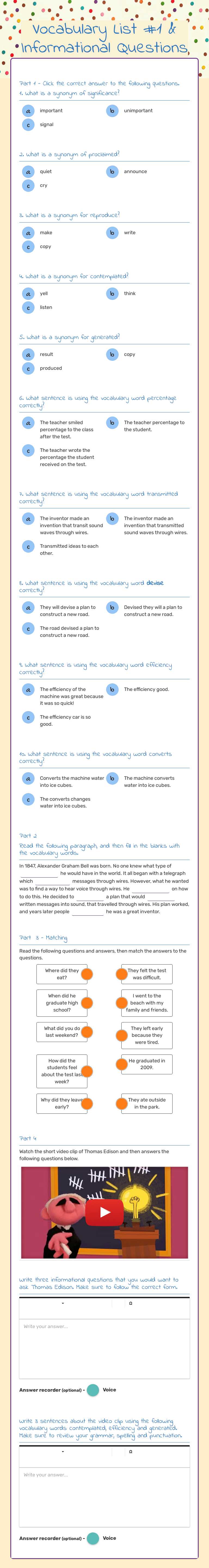 Vocabulary List #1 & Informational Questions worksheet preview