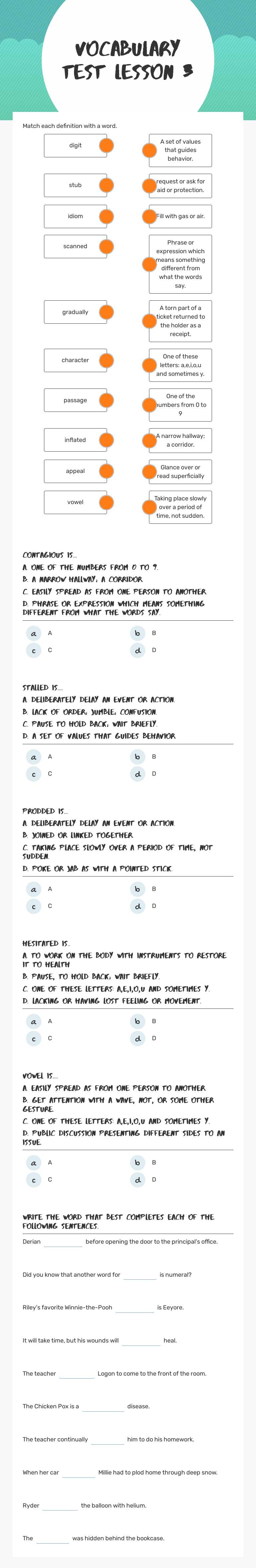 Vocabulary Test Lesson 3 worksheet preview image