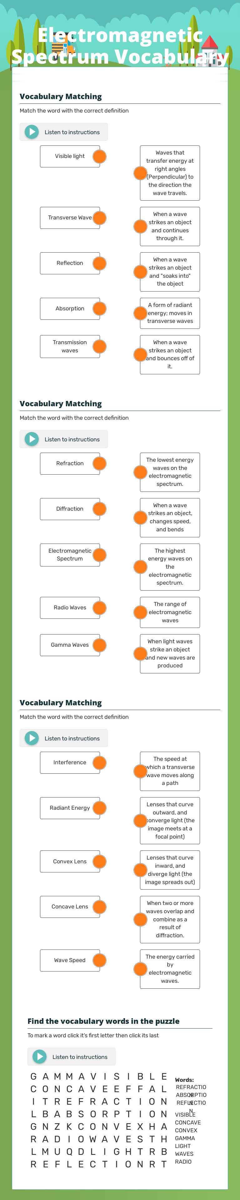 Electromagnetic Spectrum Vocabulary worksheet preview image