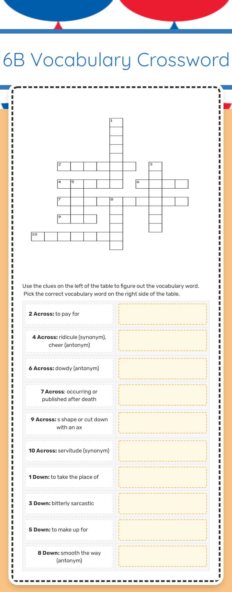 6B Vocabulary Crossword worksheet preview
