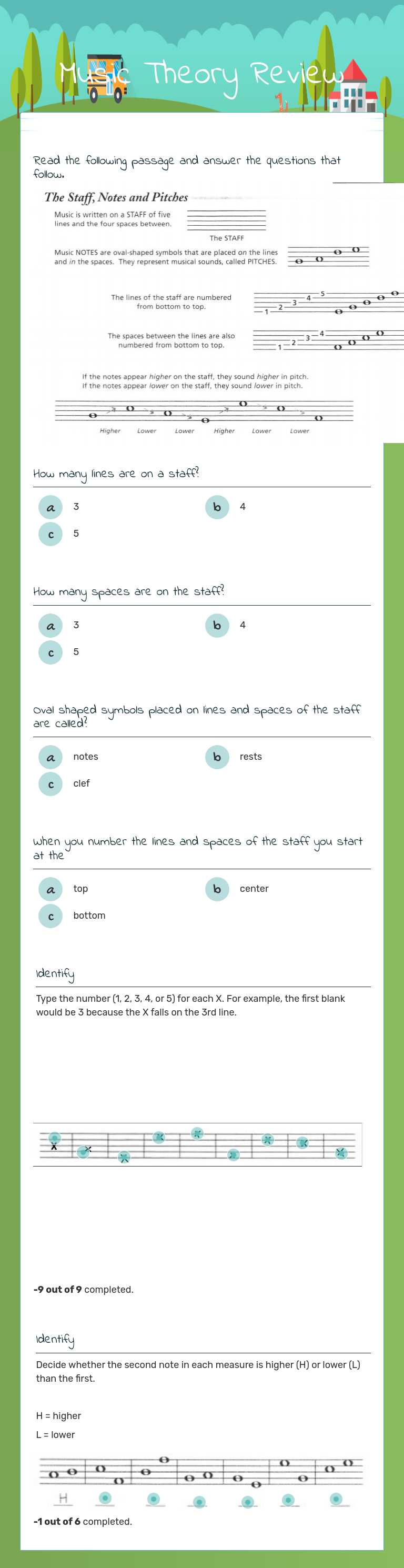 Music Theory Review Grade 6 worksheet preview
