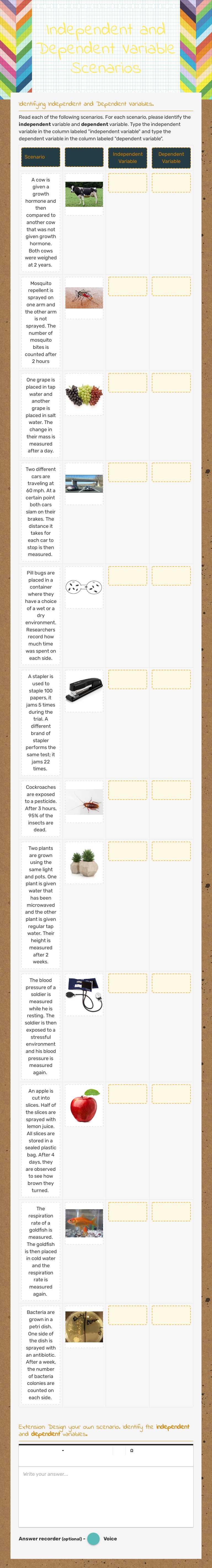 Independent and Dependent Variable Scenarios Grade 9 worksheet preview
