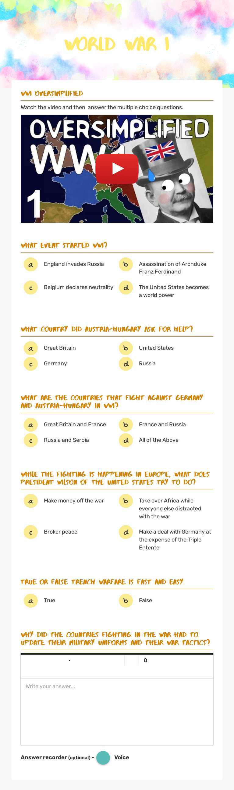 World War I worksheet preview image