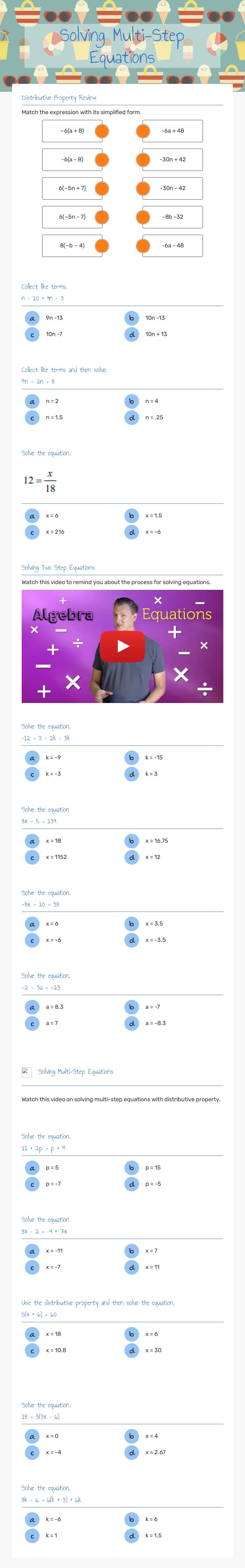 Solving Multi-Step Equations worksheet preview image