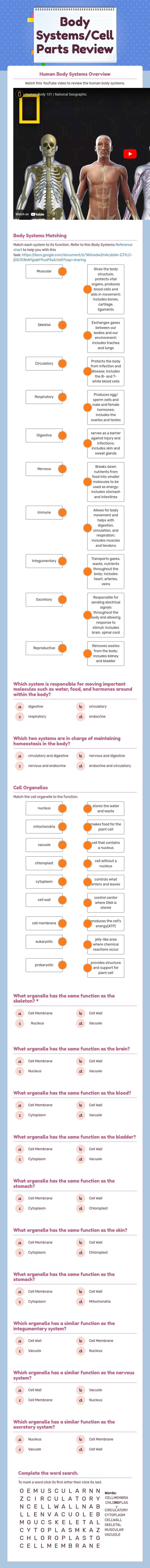 Body Systems/Cell Parts Review worksheet preview image