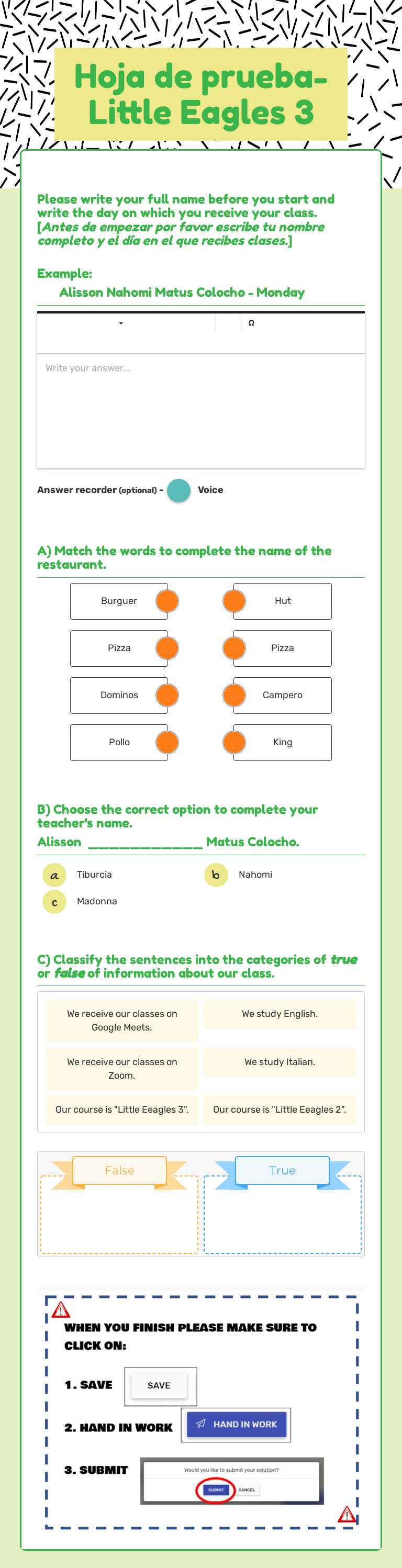 Hoja de prueba-Little Eagles 3 Other worksheet preview