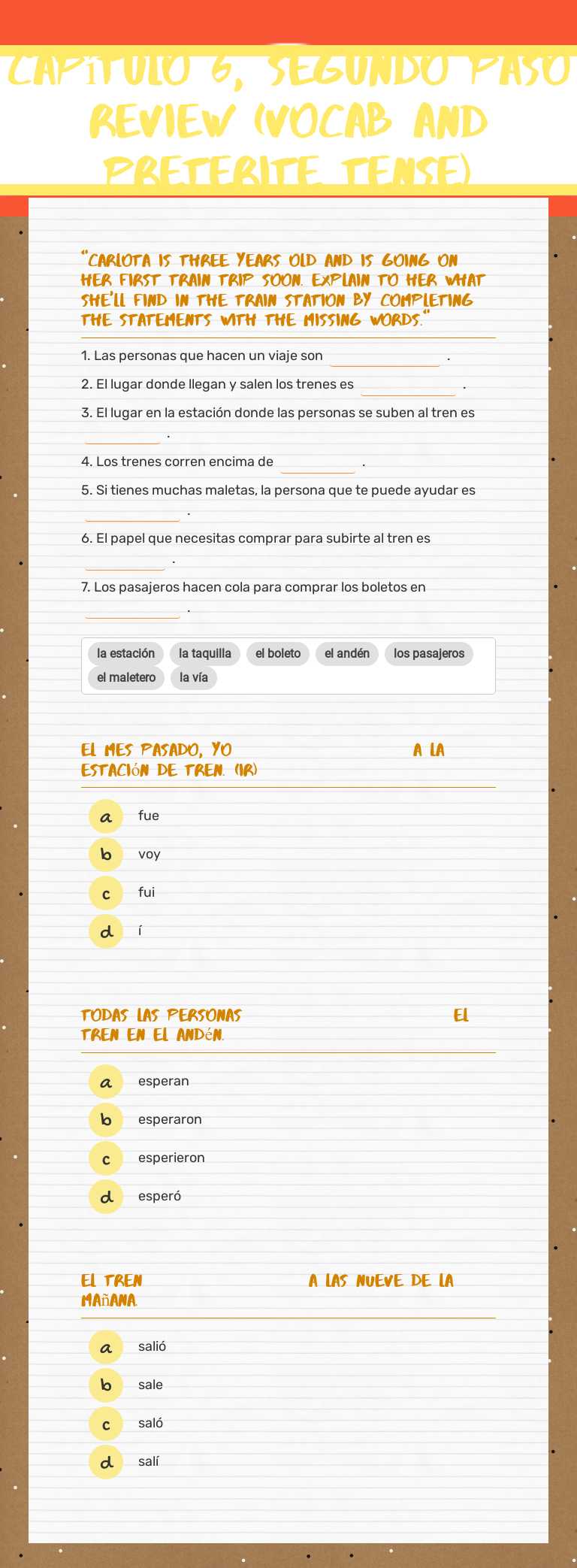 Capítulo 6, Segundo Paso Review (vocab and preterite tense) worksheet preview image