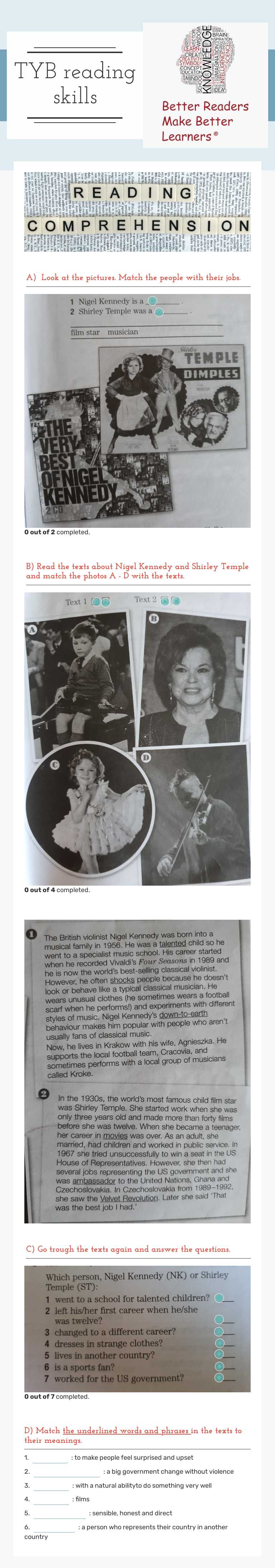 TYB reading skills worksheet preview image