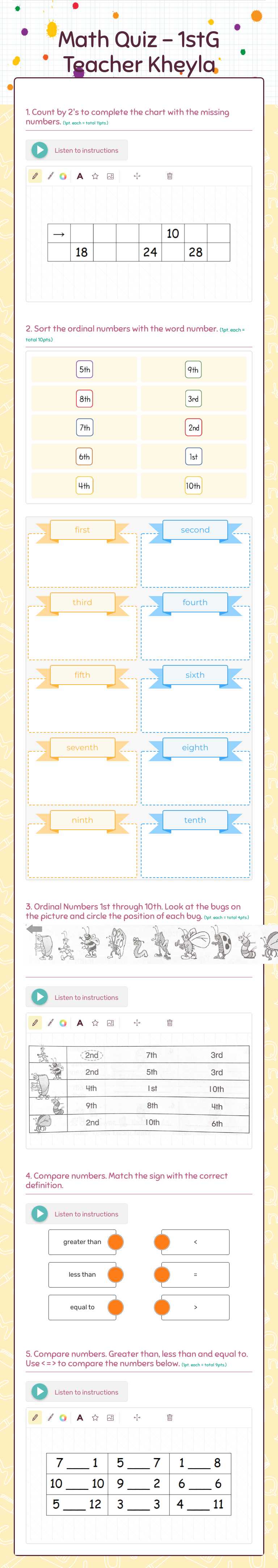Math Quiz - 1stG Teacher Kheyla worksheet preview image