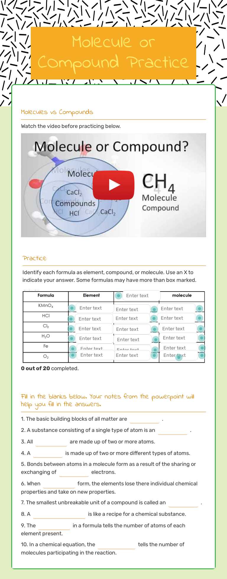Molecule or COmpound Practice worksheet preview image