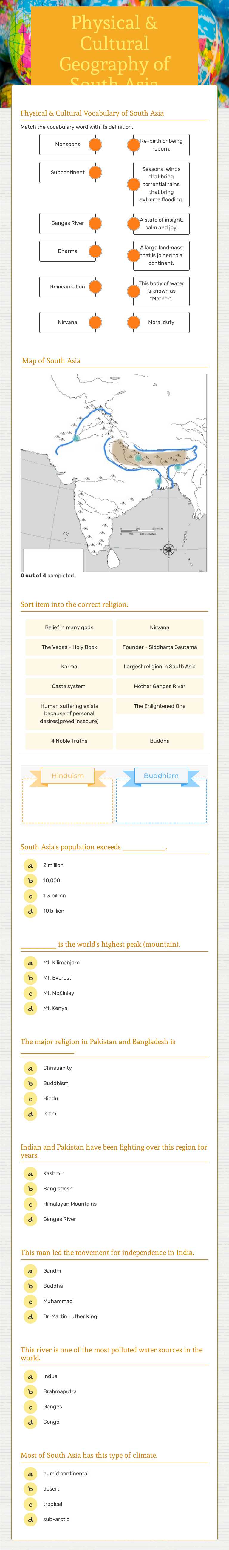 Physical & Cultural Geography of South Asia worksheet preview image