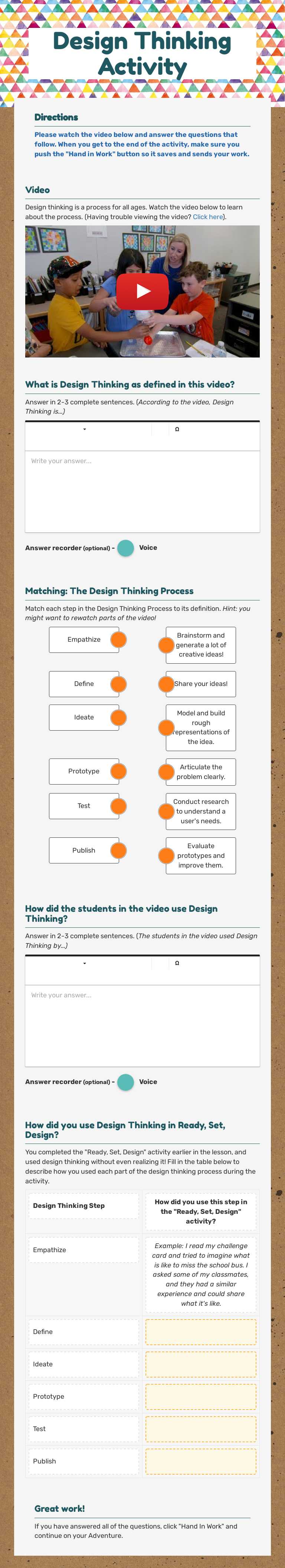 Design Thinking Activity Grade 8 worksheet preview