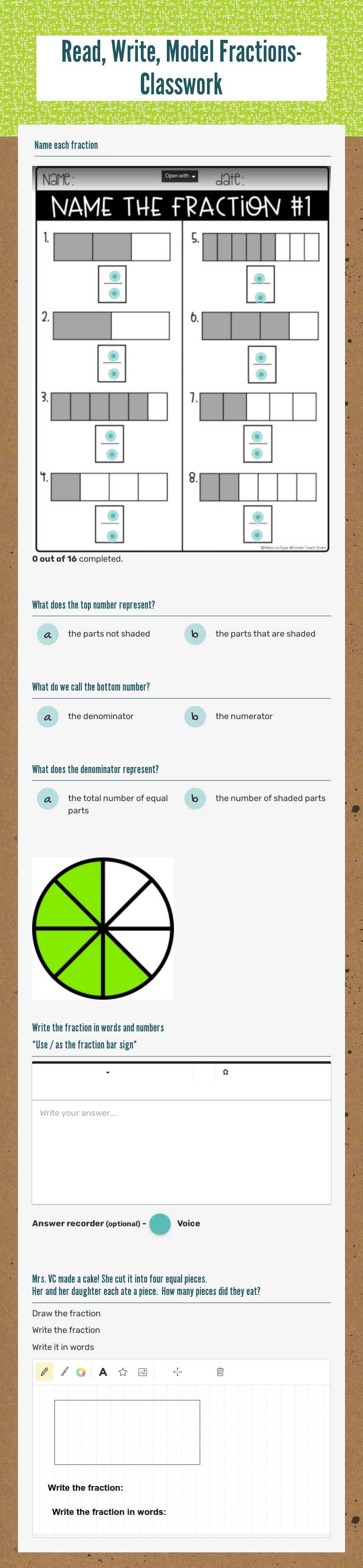 Read, Write, Model Fractions- Classwork worksheet preview image