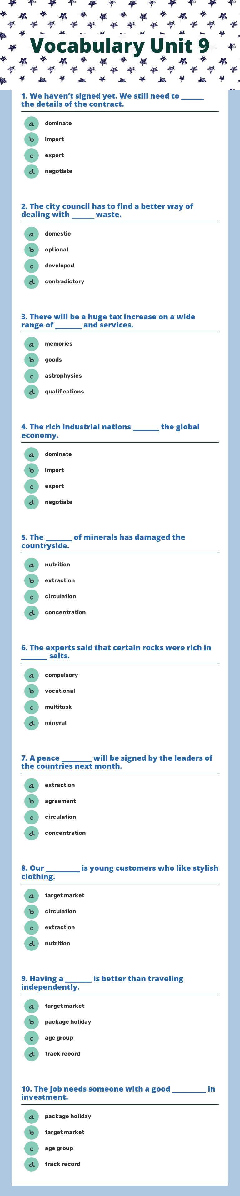 Vocabulary Unit 9 worksheet preview image