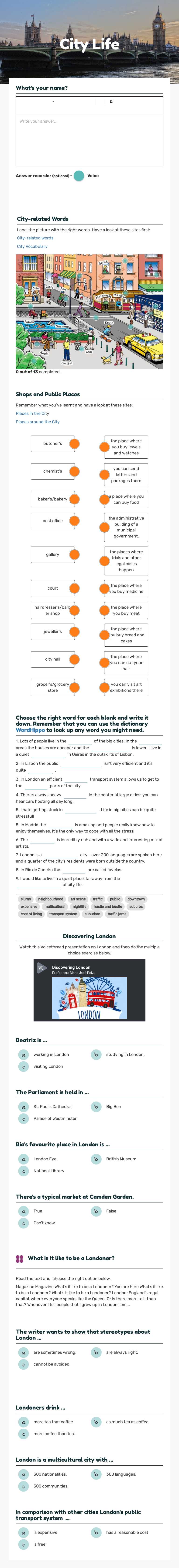 City Life worksheet preview image