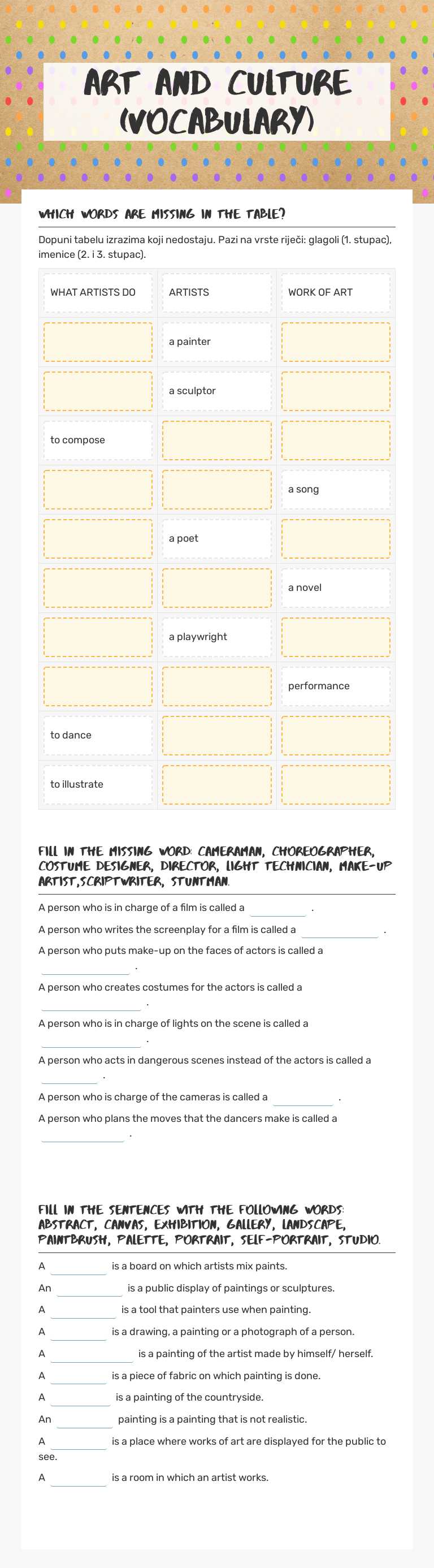 Art and culture (vocabulary) worksheet preview image