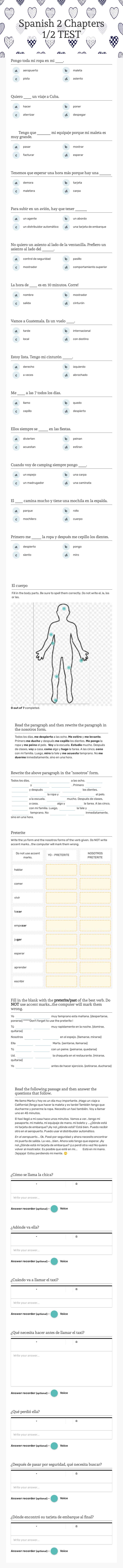 Spanish 2 Chapters 1/2 TEST Grade 10 worksheet preview