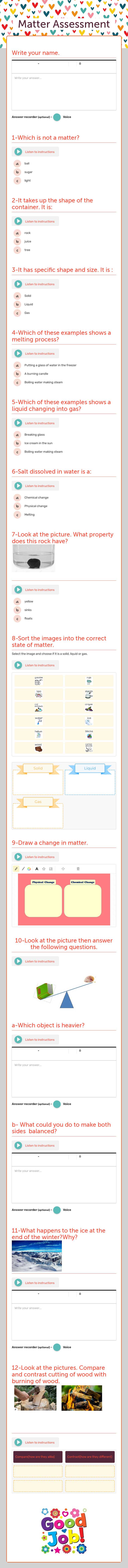 Matter Assessment worksheet preview image