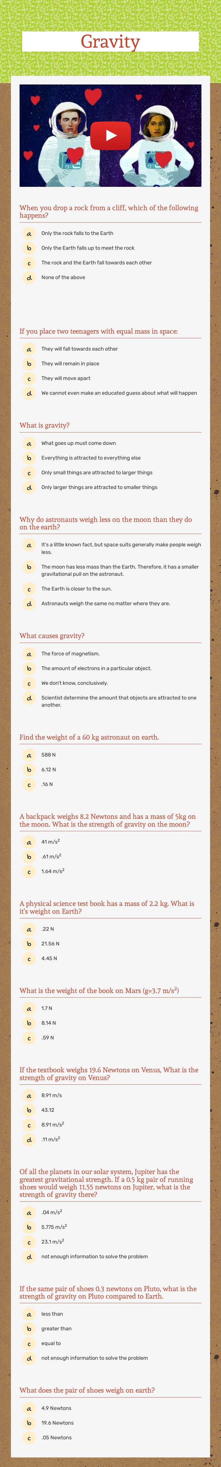 Gravity Grade 9 worksheet preview