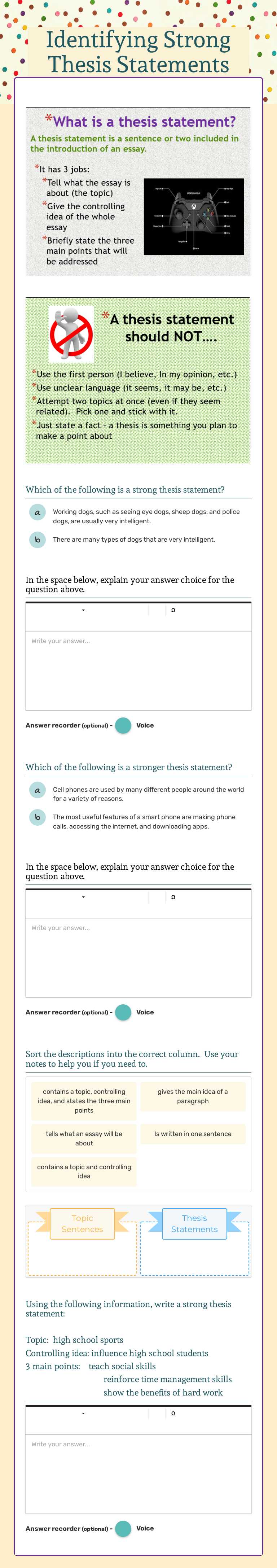 Identifying Strong Thesis Statements worksheet preview image